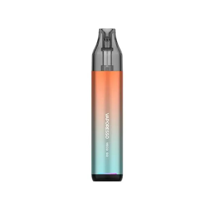 Gradient-colored vape pen or e-cigarette device with a transparent mouthpiece.