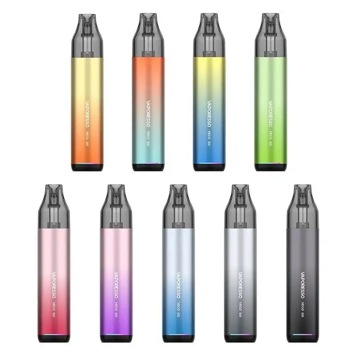 Colorful disposable vape pens in various gradient color combinations.