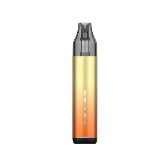 Gradient-colored vape pen or e-cigarette device with a transparent mouthpiece.