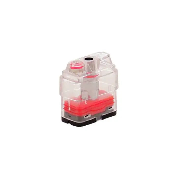 Clear plastic container with a red internal component, likely a part of a small appliance or device.