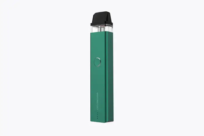 Green cylindrical vape pen or e-cigarette device with a black mouthpiece.