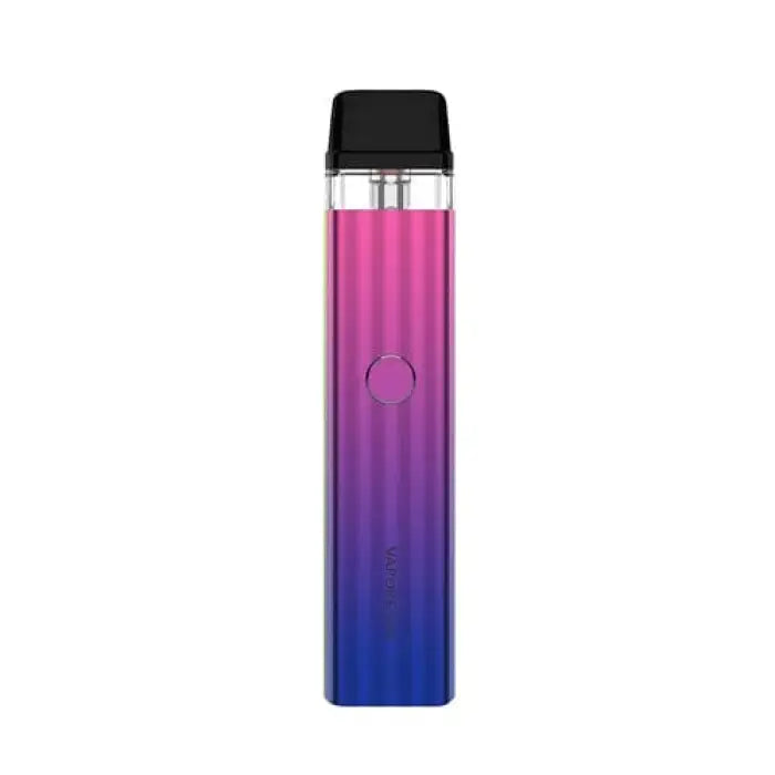 Cylindrical vape pen with a gradient color from pink to purple to blue.