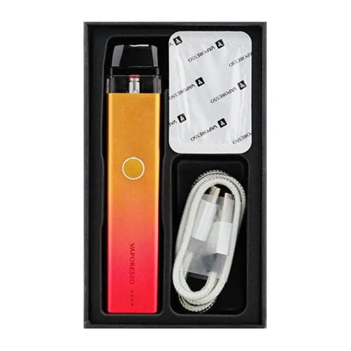 Gradient-colored vape pen or e-cigarette device with orange-to-red coloration.