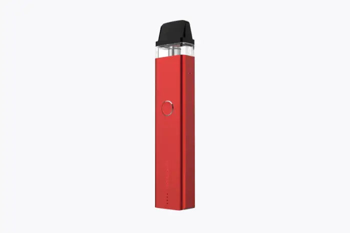 Red electronic vaping device with a black mouthpiece.