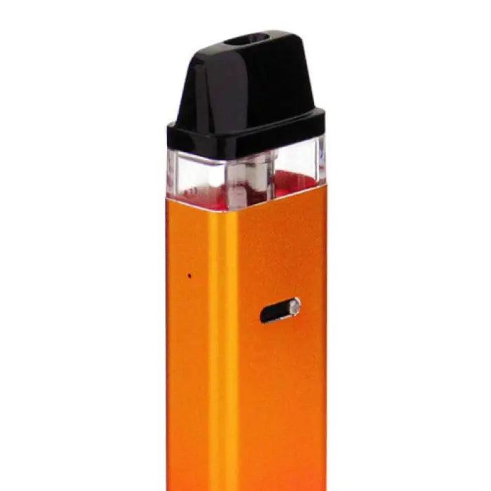 Orange electronic vaping device with a black mouthpiece and clear cartridge section.