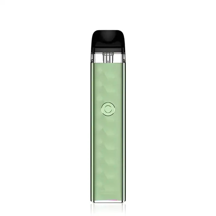 Pale green electronic vaping device with a transparent body and black mouthpiece.