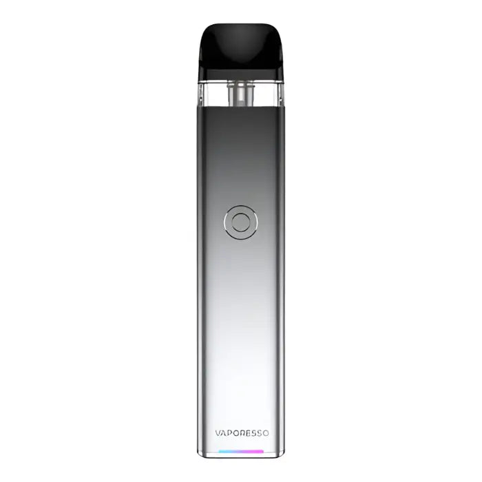 Sleek, silver electronic vaping device with a black mouthpiece and transparent window.