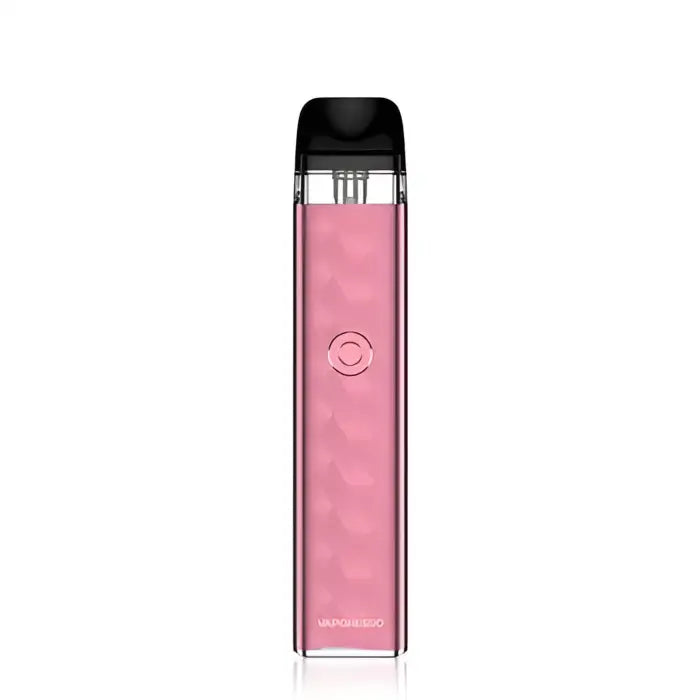 Pink electronic vaping device with a black mouthpiece and transparent section.