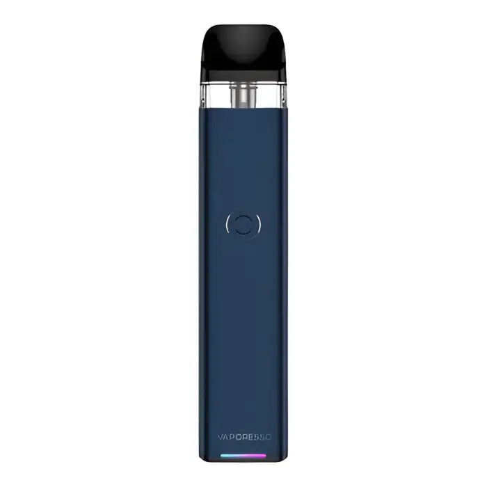 Sleek blue electronic vaping device with a black mouthpiece and clear viewing window.