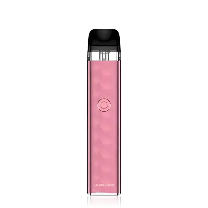 Pink electronic vaping device with a black mouthpiece and transparent section.