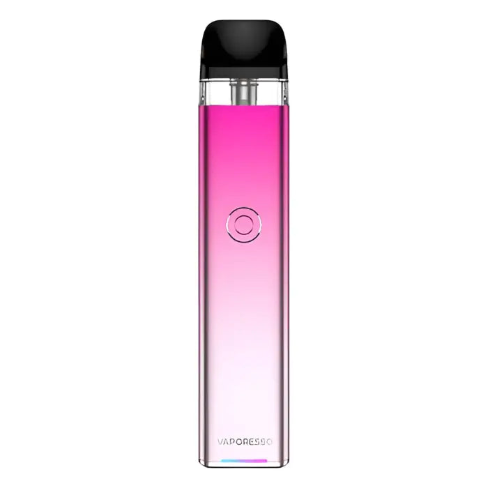 Elongated electronic vaping device with a pink-to-clear gradient body and black mouthpiece.