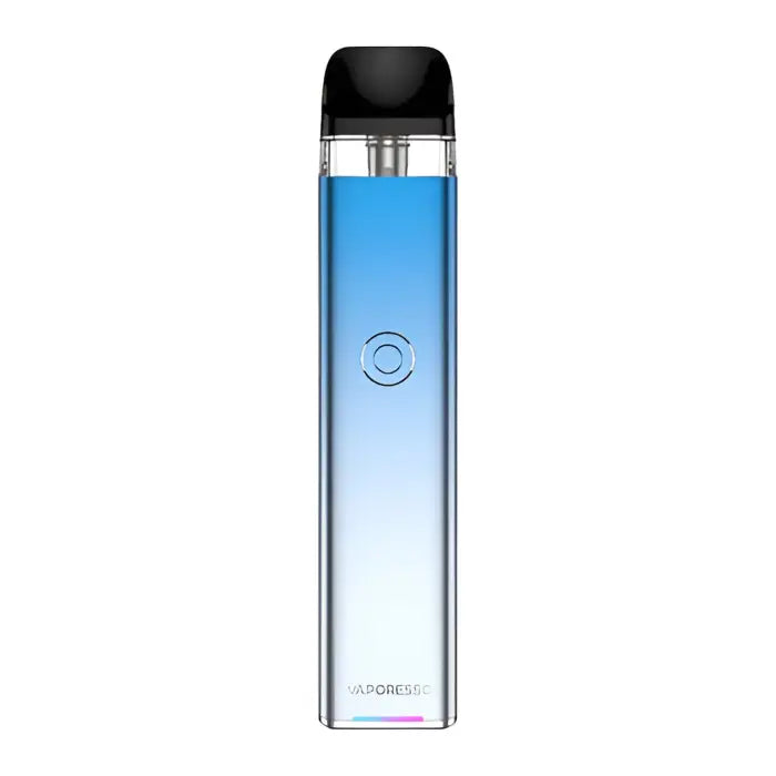 Sleek electronic vaping device with a gradient blue to clear body and black mouthpiece.