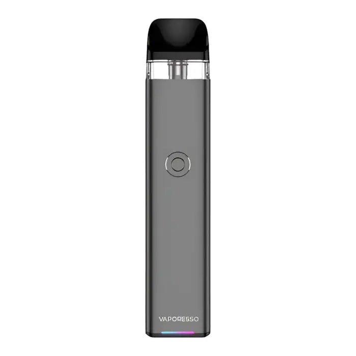 Sleek, gray electronic vaping device with a black mouthpiece and transparent section.