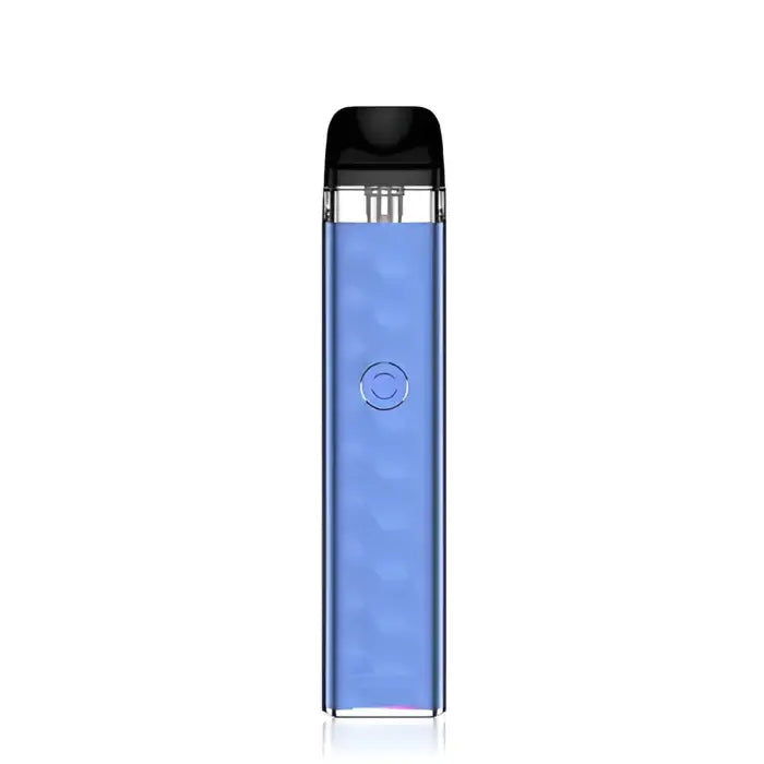 Blue electronic vaping device with a clear mouthpiece and cylindrical body.