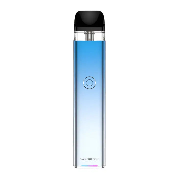 Sleek electronic vaping device with a blue gradient liquid chamber and black mouthpiece.