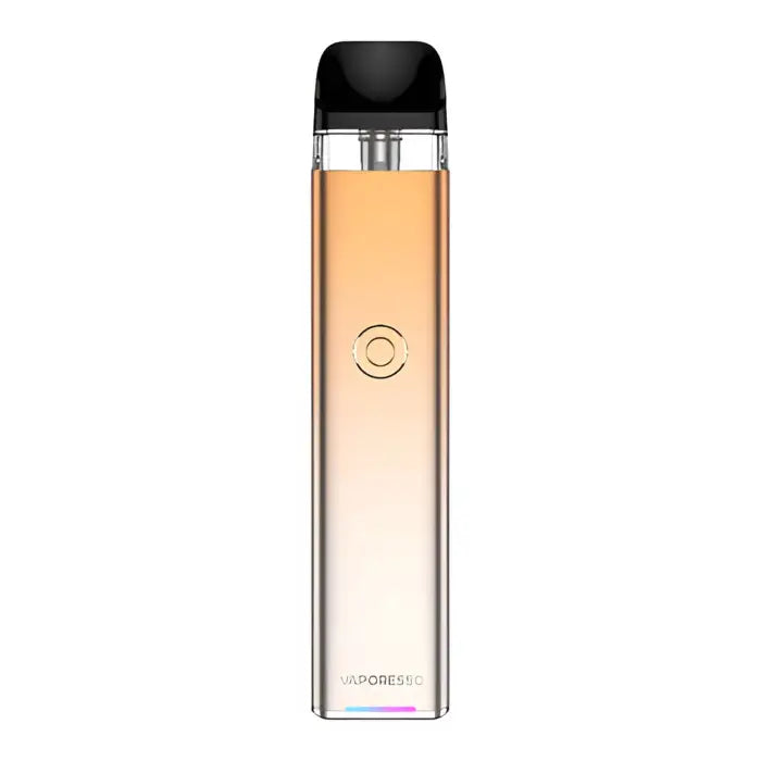 Sleek electronic vaping device with a transparent body and orange-tinted liquid inside.