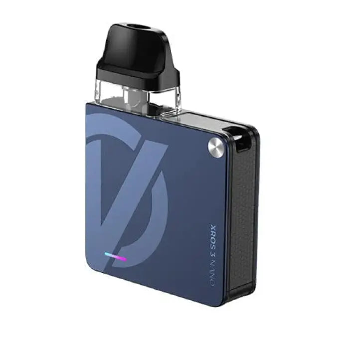 Compact, square-shaped electronic vaping device with a blue metallic body and black mouthpiece.