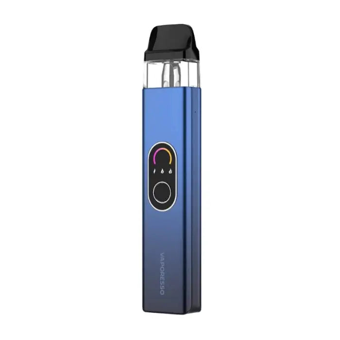 Blue and black electronic vaping device with a clear tank and digital display.