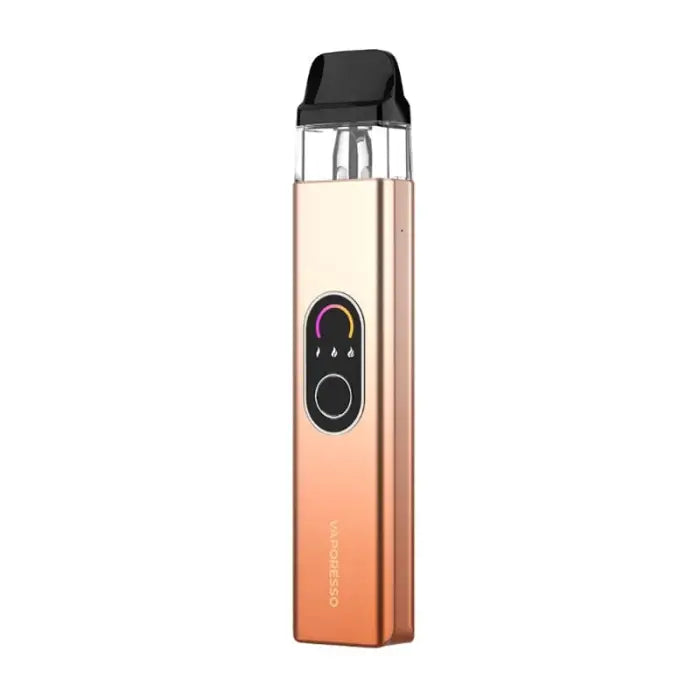 Sleek electronic vaping device with a rose gold gradient body and digital display.