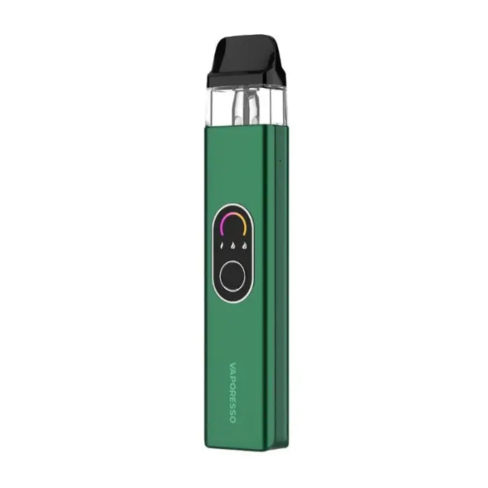 Green electronic vaping device with a clear mouthpiece and circular display.