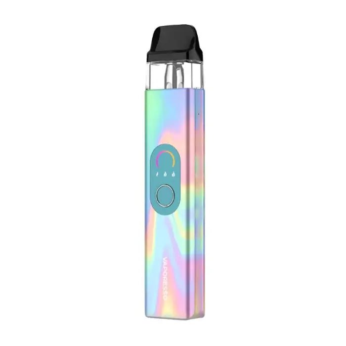 Iridescent vape pen or e-cigarette device with a holographic rainbow finish.