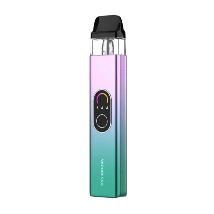 Sleek electronic vaping device with a gradient purple-to-green metallic body and a clear mouthpiece.