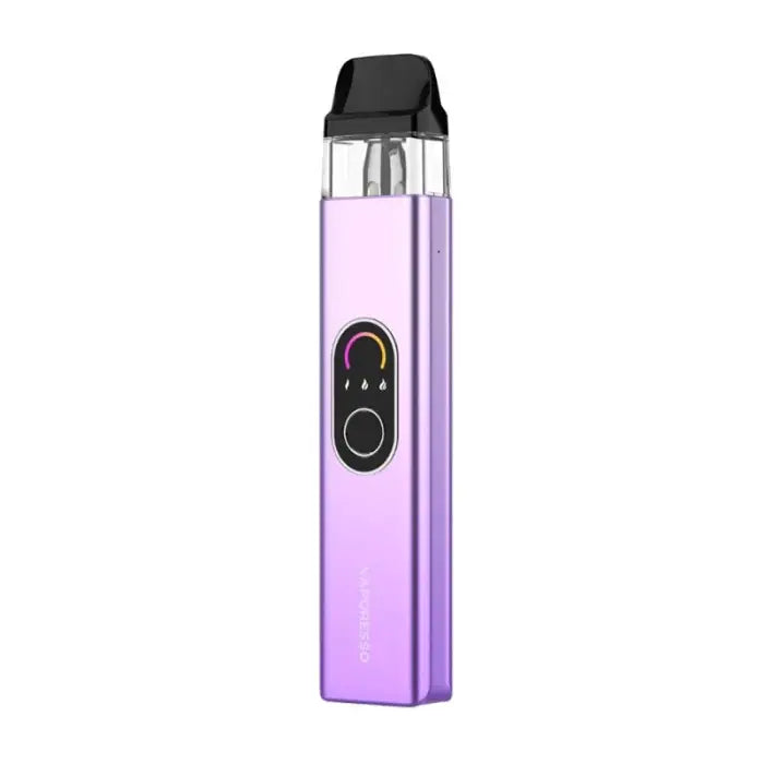 Sleek purple vape pen or e-cigarette device with a clear tank and black mouthpiece.