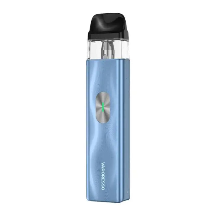 Blue metallic vape pen or e-cigarette device with a clear mouthpiece and circular button.