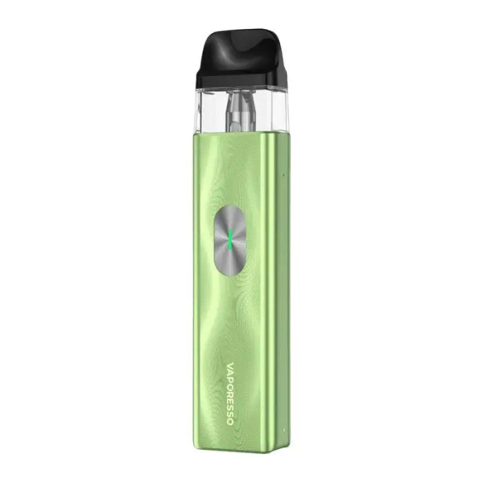 Lime green electronic vaping device with a clear mouthpiece and metallic accent.