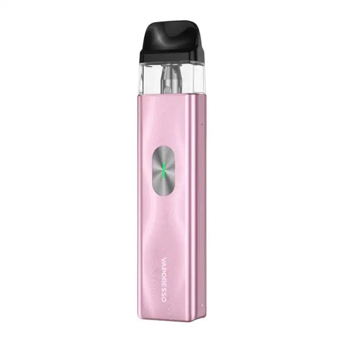 Pink electronic vaping device with a clear mouthpiece and metallic accent.