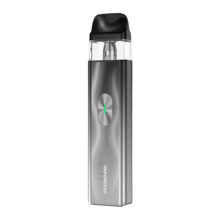 Sleek silver vape pen or e-cigarette device with a clear mouthpiece and circular button.