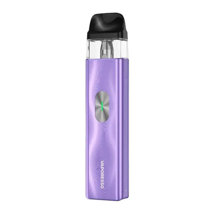 Purple electronic vaping device with a clear mouthpiece and metallic accent.