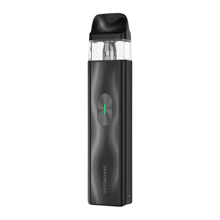 Sleek black electronic vaping device with a clear pod and illuminated button.