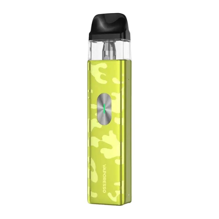 Transparent and lime green vape device with a camouflage-like pattern and black mouthpiece.