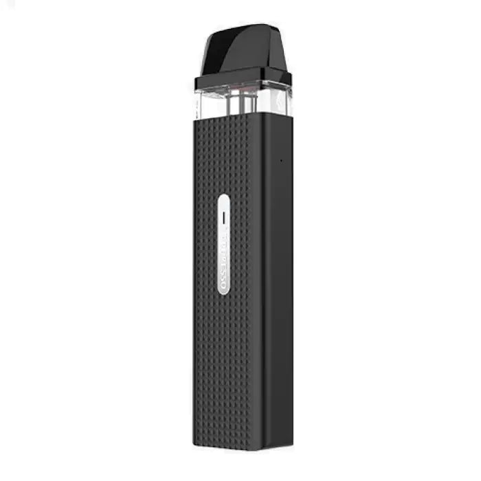 Sleek black electronic vaping device with a textured body and clear tank section.