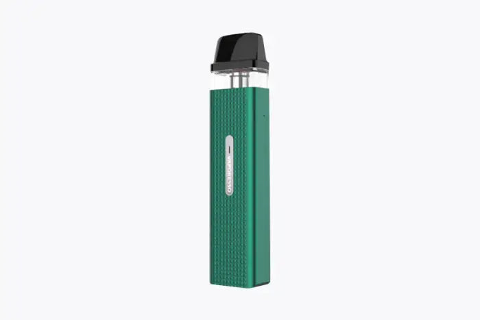 Green vape pen or e-cigarette device with a ribbed exterior and transparent window.