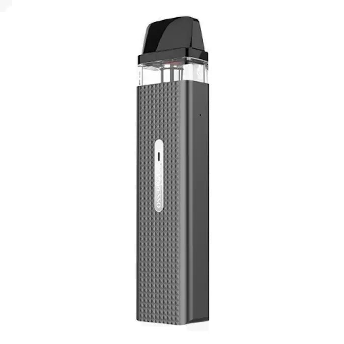 Sleek, elongated electronic vaping device with a textured gray body and clear mouthpiece.