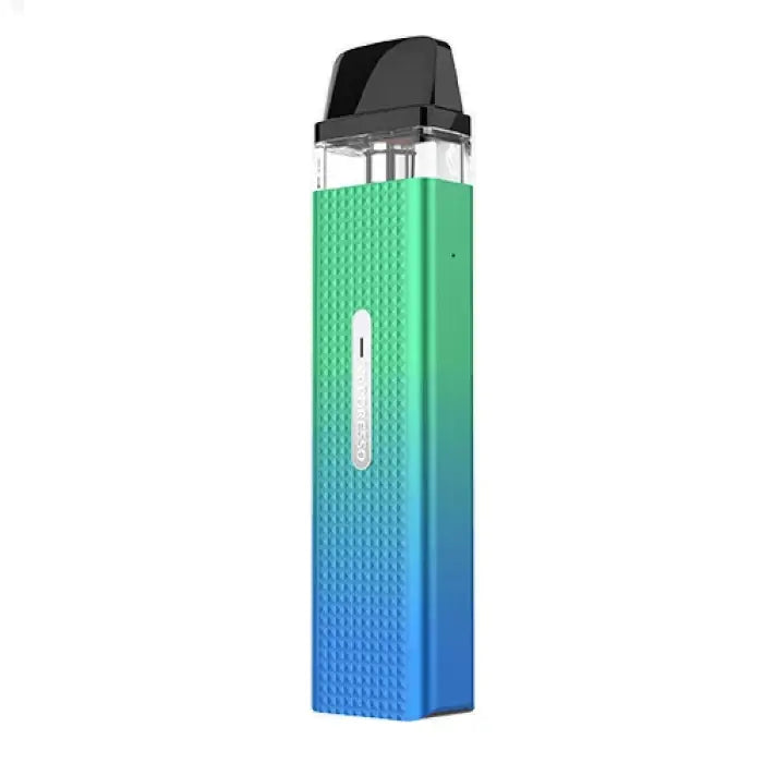 Vape pen with a gradient color from green to blue and a textured surface.