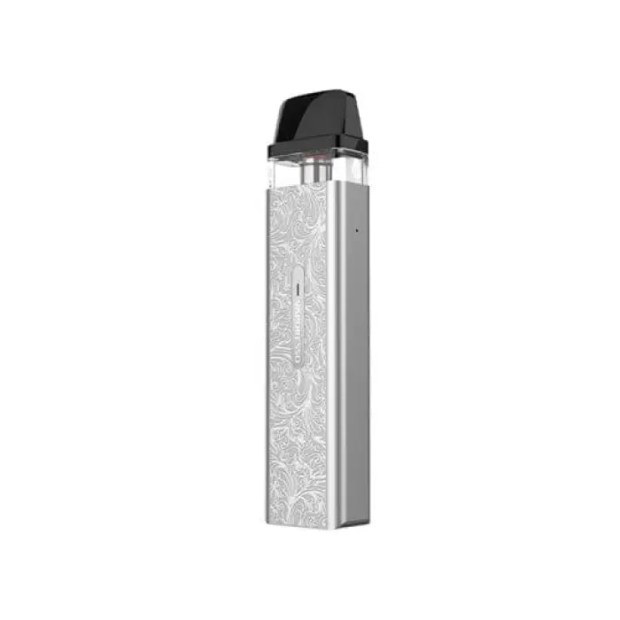 Sleek, silver electronic cigarette or vape device with a patterned exterior and black mouthpiece.