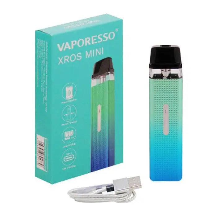 Vaporesso XROS Mini vape device with its packaging and charging cable.