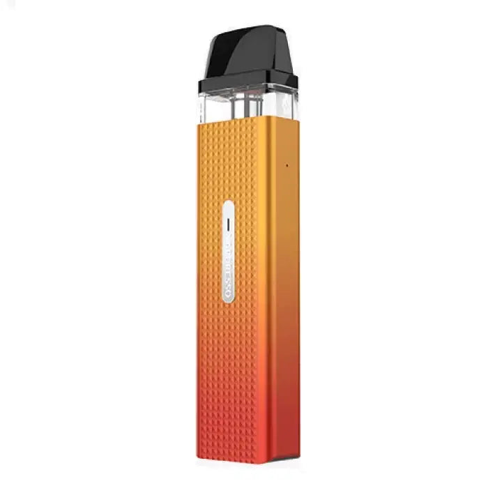 Vape pen or e-cigarette with an orange-to-red gradient body and textured surface.