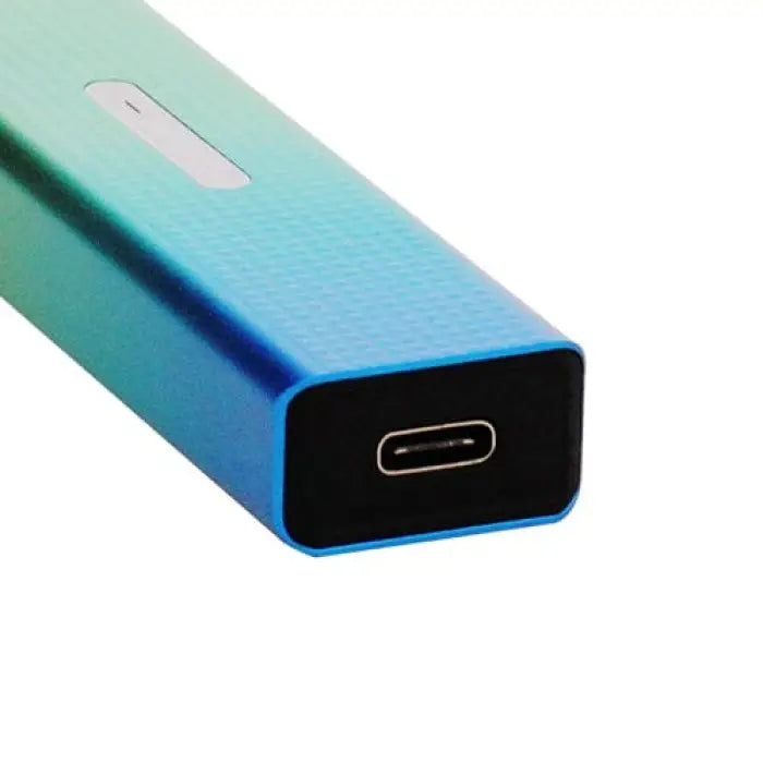 Rectangular electronic device with a USB-C port, featuring a gradient blue-green color.