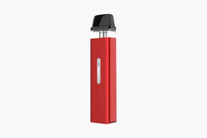 Red electronic vaping device with a black mouthpiece and a visible liquid window.