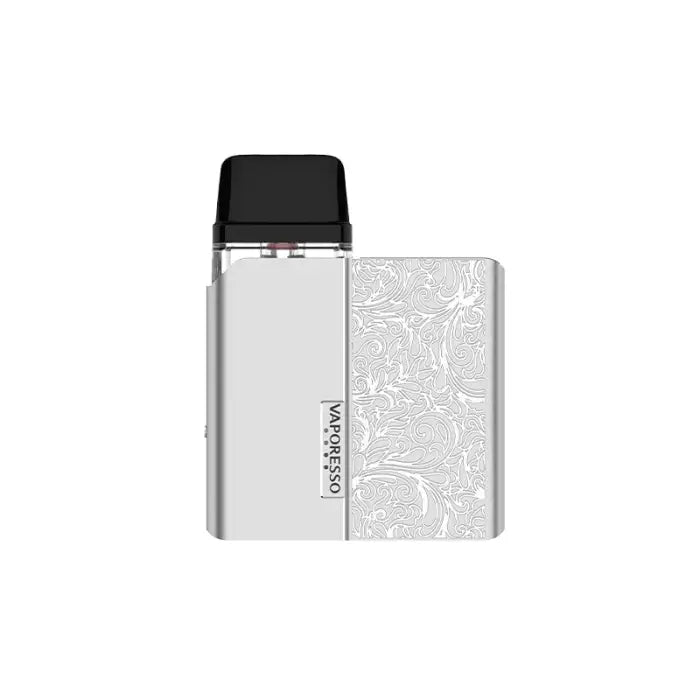 Compact electronic vaping device with a white patterned body and black mouthpiece.