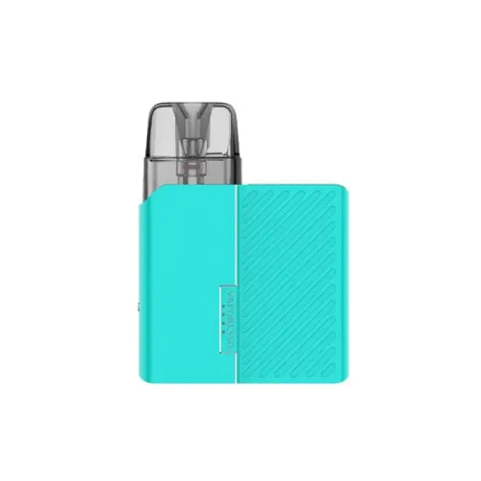 Teal-colored electronic vaping device with a clear mouthpiece.