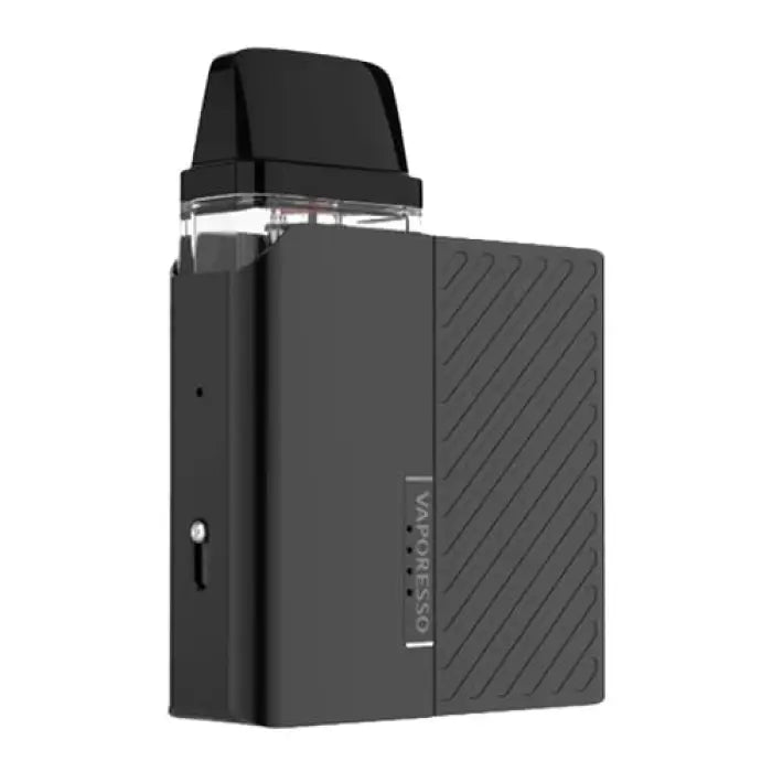 Compact black electronic vaping device with a textured surface and transparent mouthpiece.