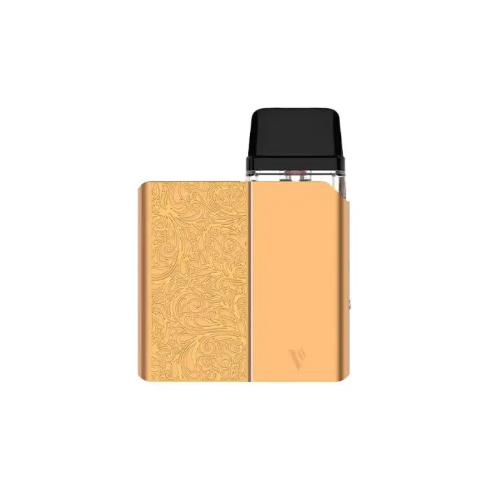 Rectangular gold-colored electronic vaping device with a black mouthpiece.