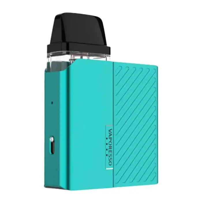 Teal-colored electronic vaping device with a black mouthpiece.