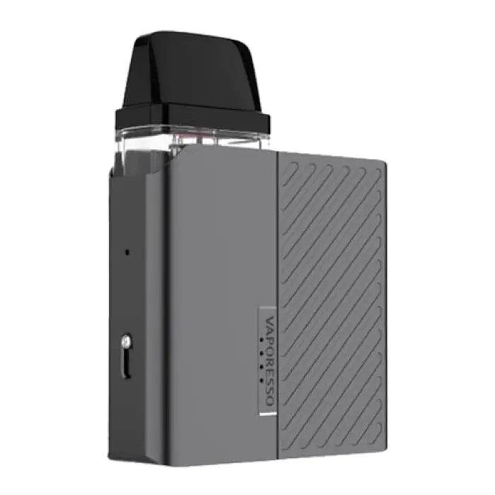 Compact electronic vaping device with a rectangular body and transparent mouthpiece.