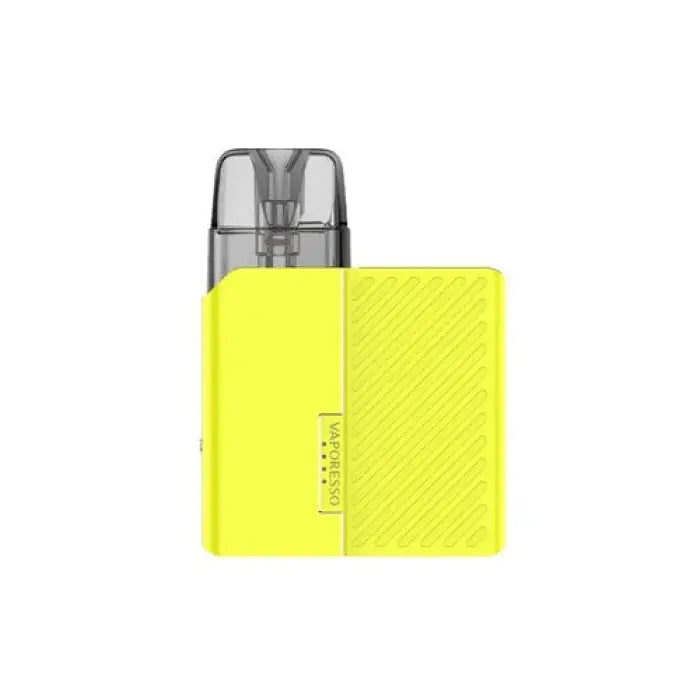 Bright yellow electronic vaping device with a transparent mouthpiece.